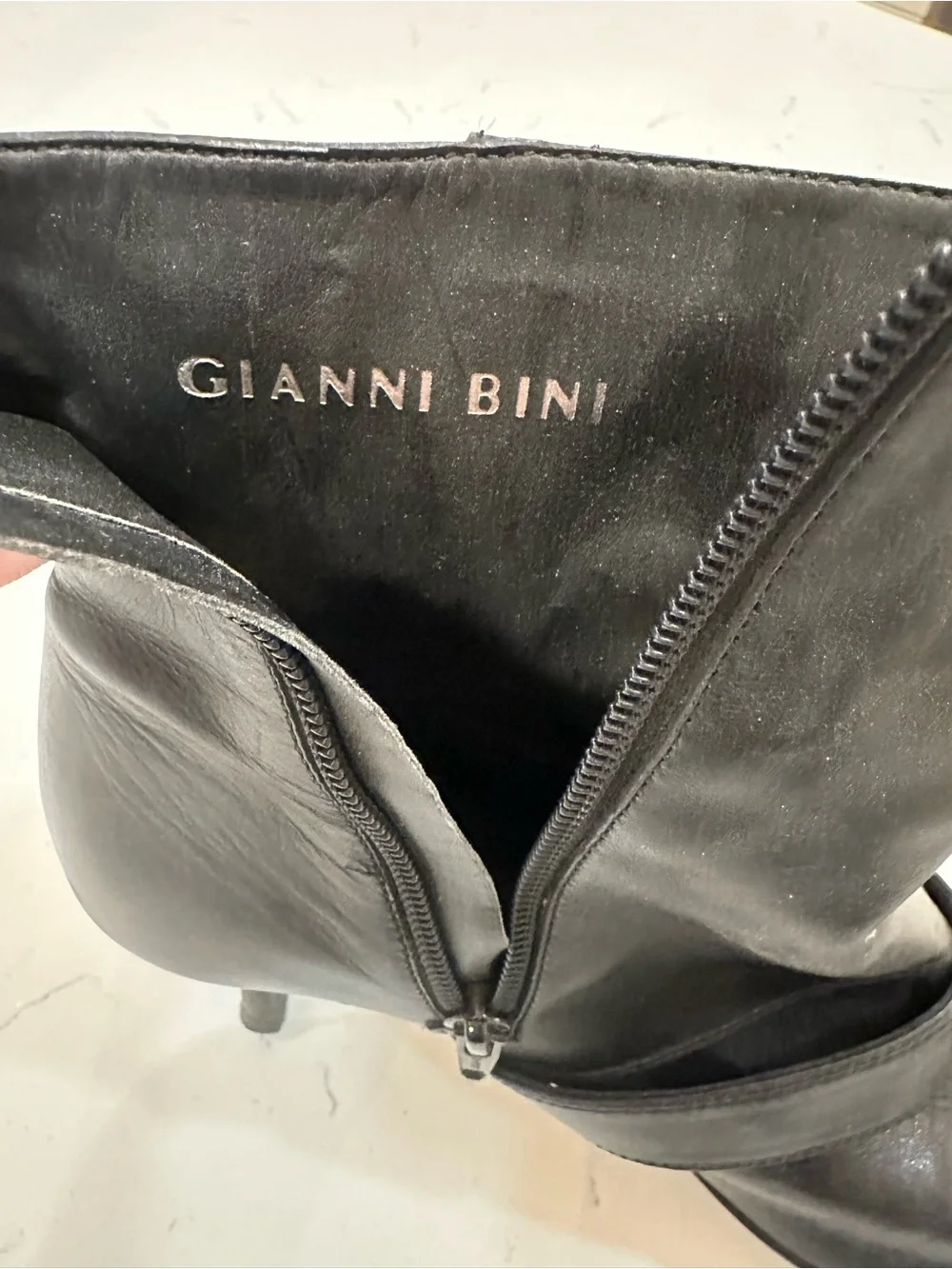 Gianni Bini Black Pointed Leather Ankle Booties with Buckle Strap- 8